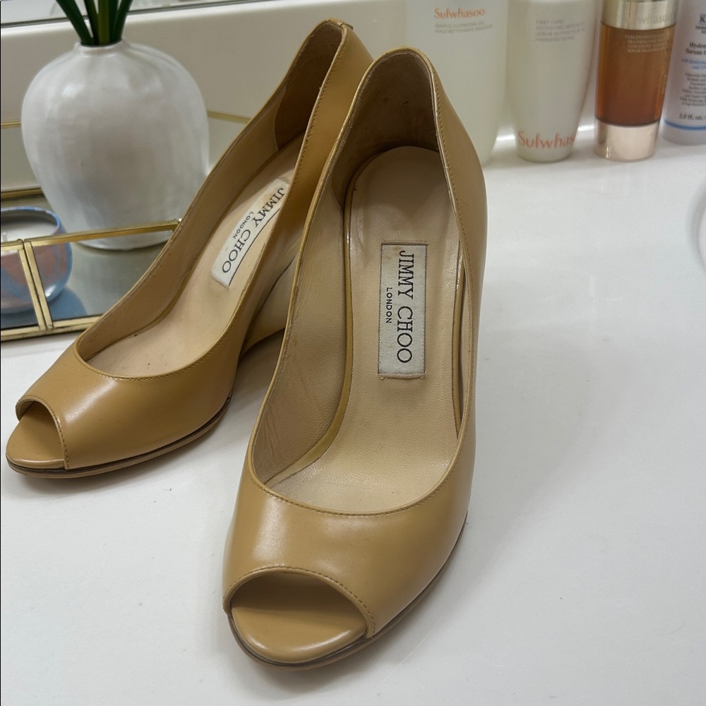 Jimmy Choo Tan Peep Toe Pumps
